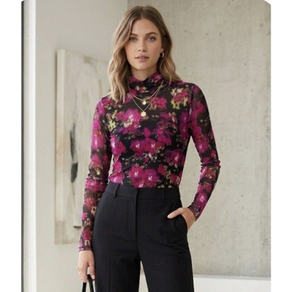 Nine West Floral Mesh Turtleneck Top Women’s M Sheer Lined Long Sleeve NWT